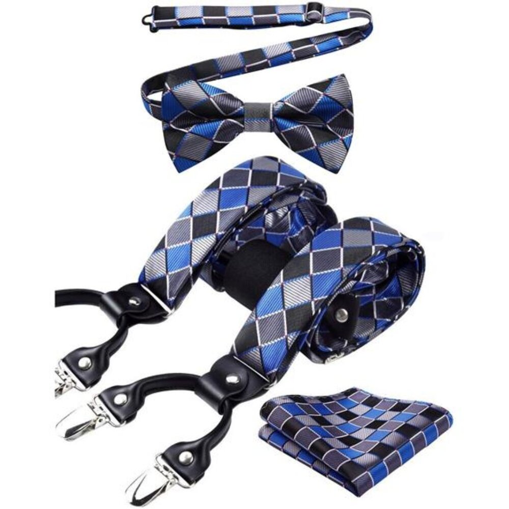 HISDERN Bow Tie and Suspenders for Men Suspender and Bowtie Handkerchief Set